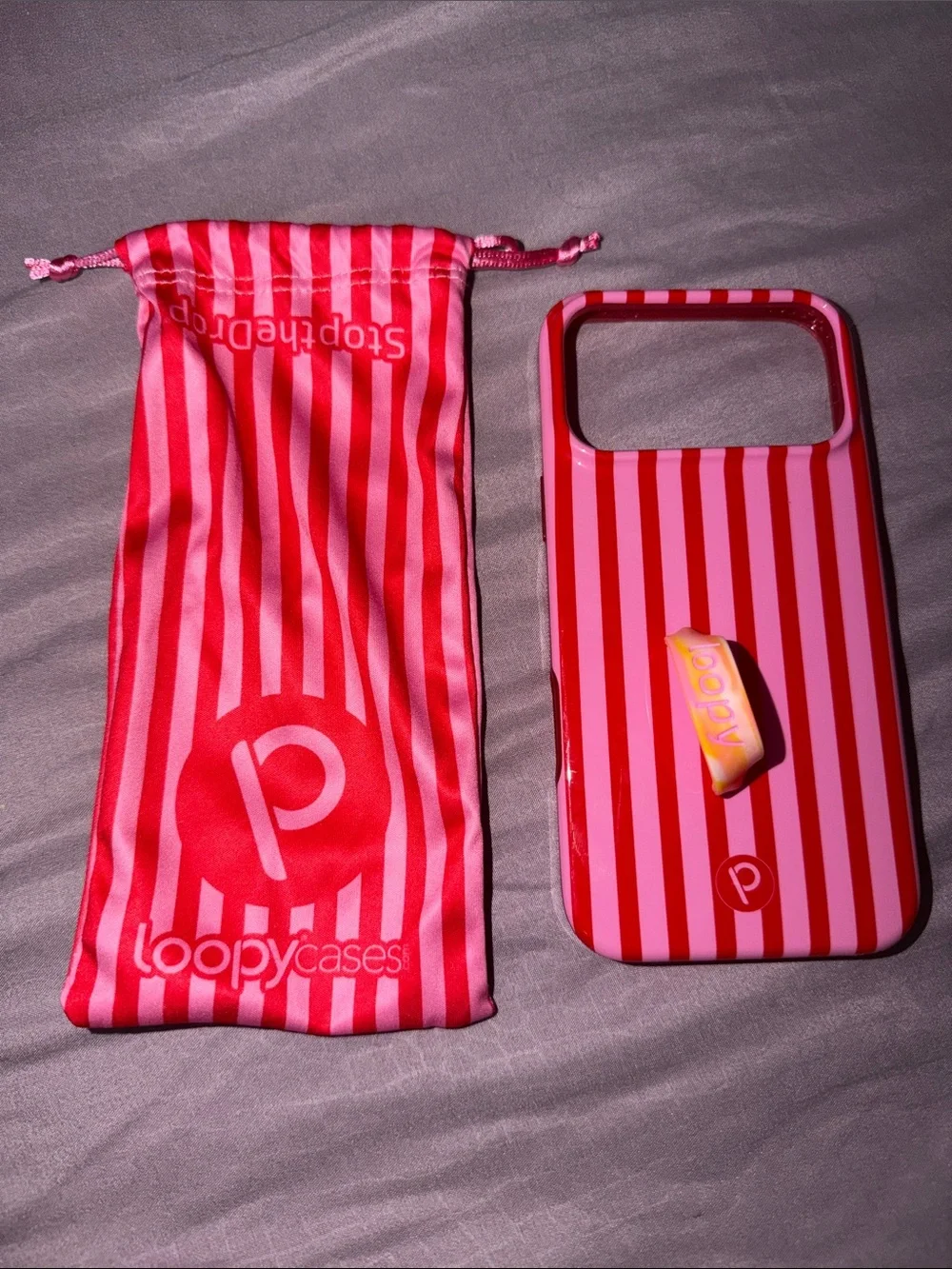 NEW iPhone 17 pro max red and pink striped loopy case with drawstring pouch